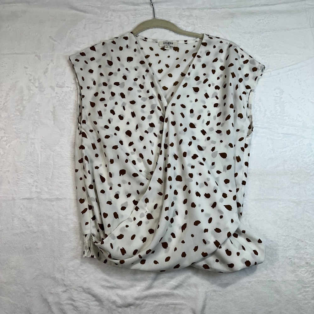 Umgee Surplice Wrap Top S White Brown Smocked Animal Print Women